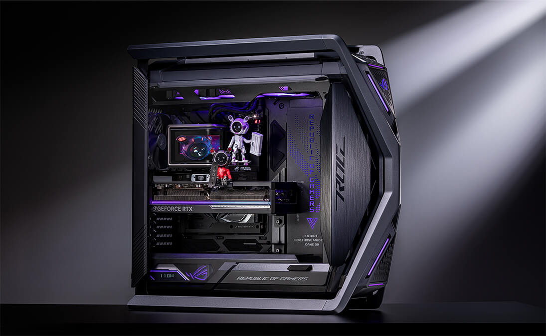 Fotos internas de un PC con la placa base ROG CROSSHAIR X870E HERO y ROG Ryuo IV SLC 360 ARGB