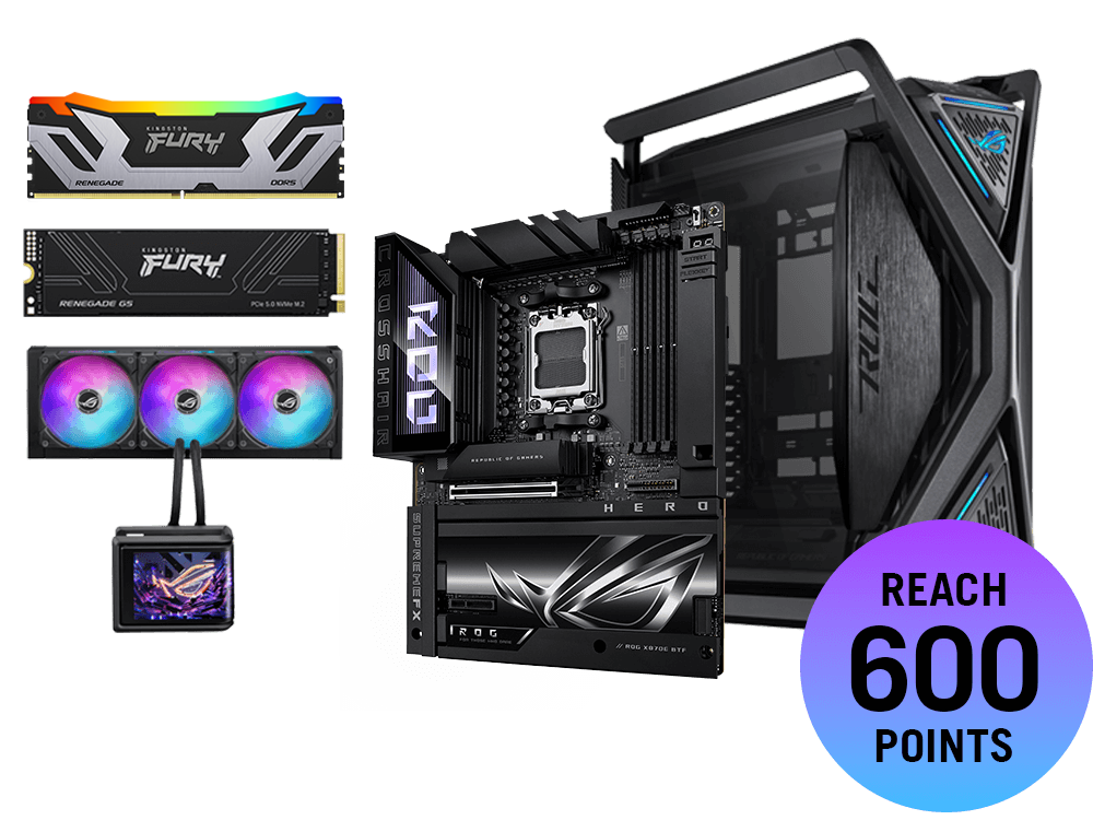 Paquete de premioses con placa base X870E Hero BTF, carcasa Hyperion GR701, refrigerador Ryuo IV SLC 360 ARGB AIO, SSD Kingston FURY y memoria DDR5, valorado en 600 puntos.