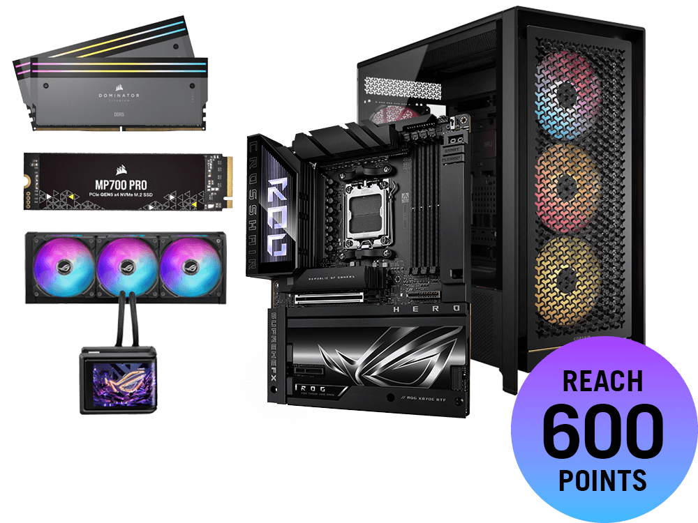 Paquete de premioses con placa base X870E Hero BTF, carcasa Hyperion GR701, refrigerador Ryuo IV SLC 360 ARGB AIO, SSD Kingston FURY y memoria DDR5, valorado en 600 puntos.