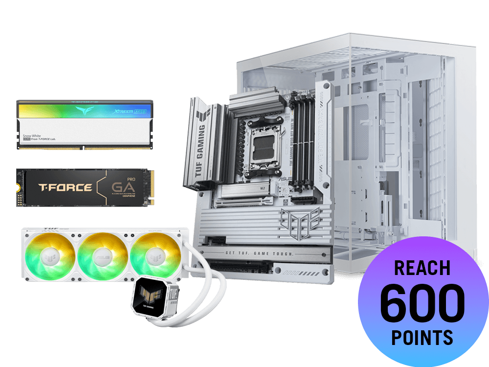 Paquete con placa base TUF Gaming B850 BTF-W y carcasa Lian-Li O11 DYNAMIC MINI V2 y refrigerador LCD TUF Gaming LC III 360 ARGB y SSD T-FORCE GA PRO 1TB PCIe NVMe M.2 y T-FORCE XTREEM ARGB 48GB (2x24GB) 6800MT/s DDR5 (Blanco) (Se abre en una ventana nueva)
