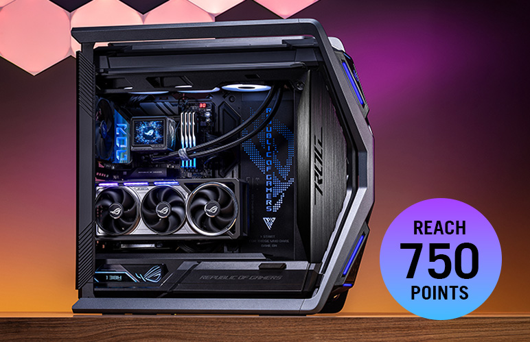 Lista de deseos de Dream PC. Insignia Alcanzar 750 Puntos, botón Probar Ahora sobre fondo negro