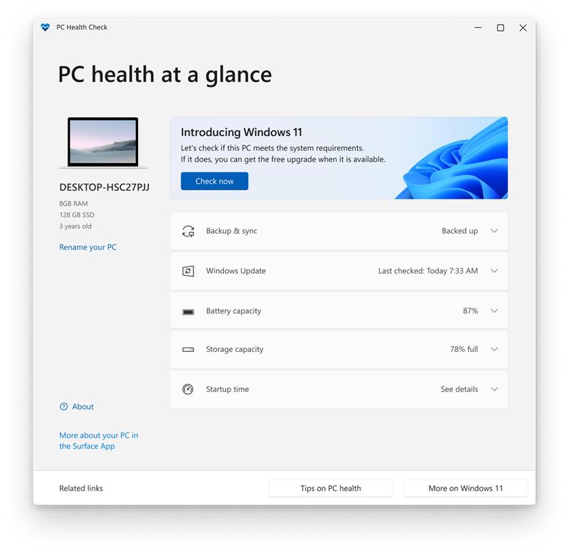 Windows 11 Readiness check menu and settings
