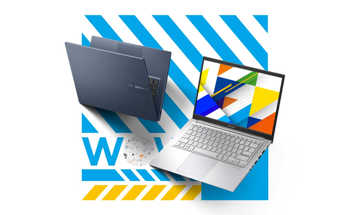 One opened cool sliver ASUS Vivobook 14 laptop showing the screen and keyboard with a quite blue and a Terra Cotta ASUS Vivobook 14 laptop showing its lid.