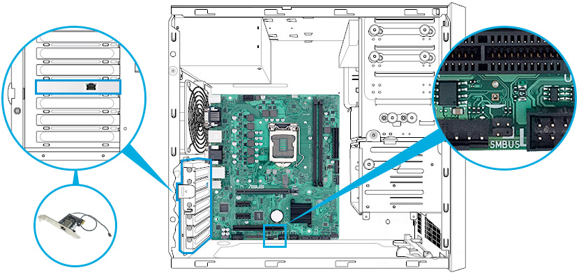 ASUS Pro WS WRX80E-SAGE SE WiFi onboard SMBUS header design highlight with an ASUS DASH LAN card